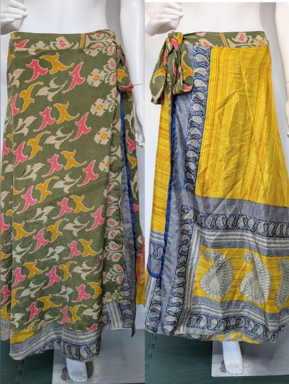 Yellow Multi Color Floral Paisley Reversible Layered Wrap Tie Saree Maxi Skirt